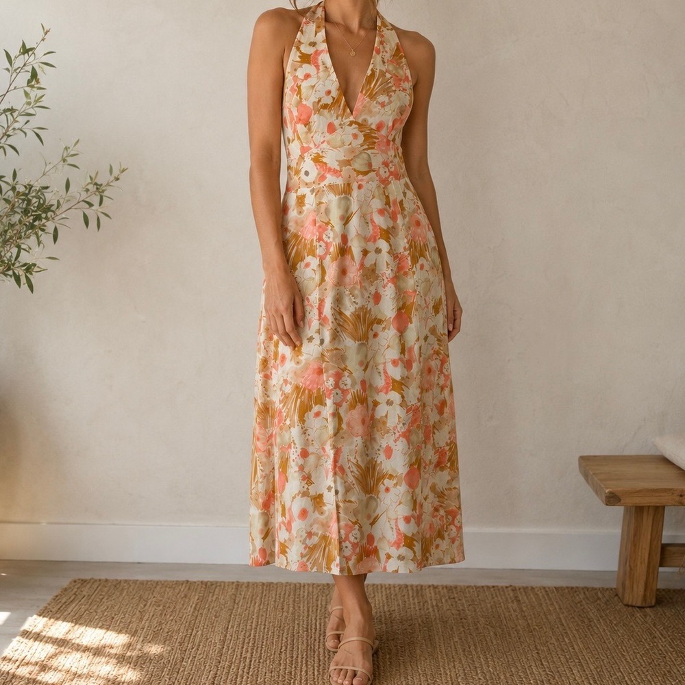 Laundry by Shelli Segal Size 8 Halter Midi Dress Peach Floral Retro Cotton Women